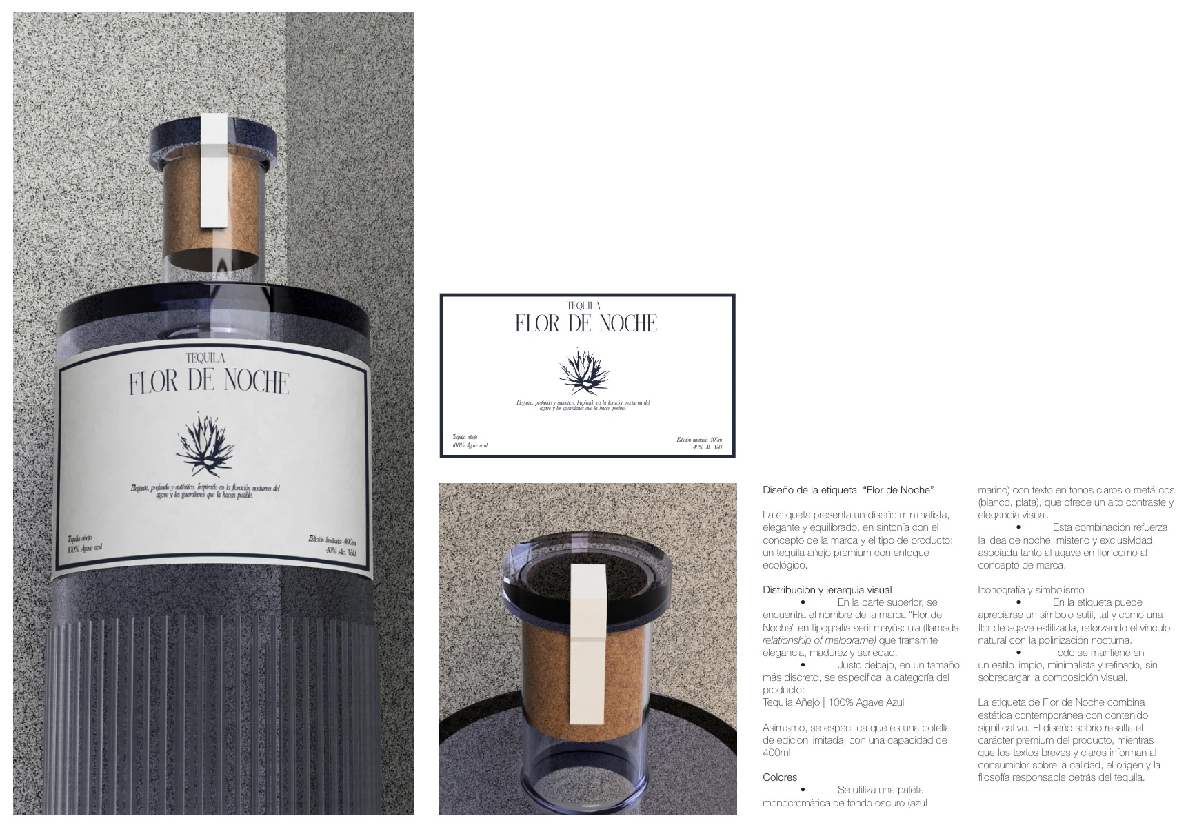 Flor de Noche process visual: Botella con lenguaje premium